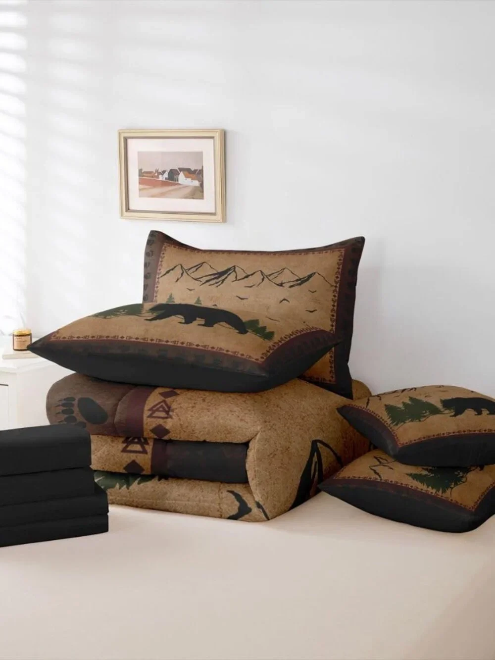 7 Pcs Bear Comforter Set King, Rustic Lodge Theme Bedding Sets for Kids Boys Tee